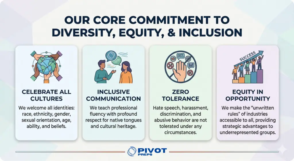 Absolutely. I have updated the previous text to reflect the correct name: Pivot Preps. Here is a detailed Alt Text description of the image for people with visual impairments: Alt Text: Our Core Commitment to Diversity, Equity, & Inclusion Overall Description: A modern, clean professional digital infographic illustrating the core values of "Pivot Preps" regarding diversity, equity, and inclusion. The graphic features a prominent dark blue main title at the top: OUR CORE COMMITMENT TO DIVERSITY, EQUITY, & INCLUSION. Four distinct, rounded-corner rectangular panels are arranged horizontally below the main title, set against a soft, geometric patterned background of blues, greens, and grays. Each panel includes a colorful icon, a bold headline in dark blue, and explanatory text below the headline. Description of Individual Panels (from left to right): Panel 1: "CELEBRATE ALL CULTURES." Icon: Diverse hands reaching in from all sides to hold a stylized globe marked with connecting lines. Text: "We welcome all identities: race, ethnicity, gender, sexual orientation, age, ability, and beliefs." Panel 2: "INCLUSIVE COMMUNICATION." Icon: Two people facing each other, engaged in conversation. Speech bubbles connect them, containing the Pivot Preps logo and flow lines. Text: "We teach professional fluency with profound respect for native tongues and cultural heritage." Panel 3: "ZERO TOLERANCE." Icon: A raised hand making a firm "stop" or "halt" gesture over a cluster of stylized red slash-through symbols. These symbols represent hate speech, harassment, and discrimination. Text: "Hate speech, harassment, discrimination, and abusive behavior are not tolerated under any circumstances." Panel 4: "EQUITY IN OPPORTUNITY." Icon: A diverse group of people simultaneously reaching a brightly colored upward-pointing arrow labeled SUCCESS. They are stepping onto a multi-colored tiered platform. Text: "We make the 'unwritten rules' of industries accessible to all, providing strategic advantages to underrepresented groups." Footer: The bottom of the infographic features a subtle decorative line and the Pivot Preps text logo.